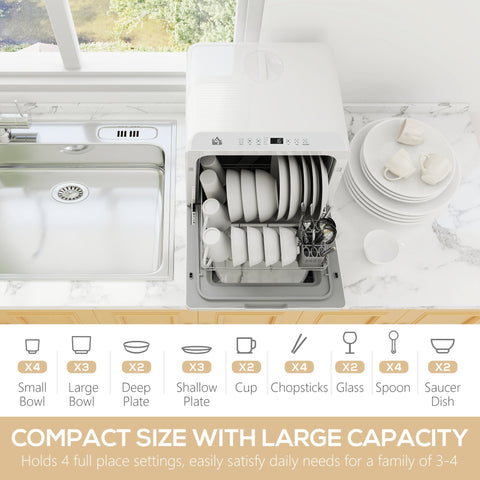 White tabletop dishwasher homcom with digital control panel spacious interior and bowl rack includes drain hose for easy setup