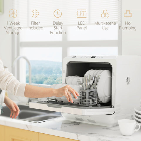 White tabletop dishwasher by HOMCOM with sleek design open door showing bowl rack and drain hose connection inside