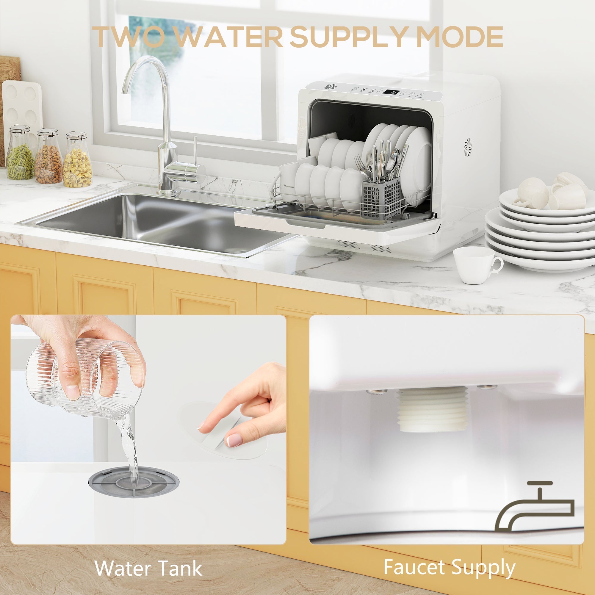 White compact tabletop dishwasher by HOMCOM with stainless steel bowl rack and included drain hose for easy setup
