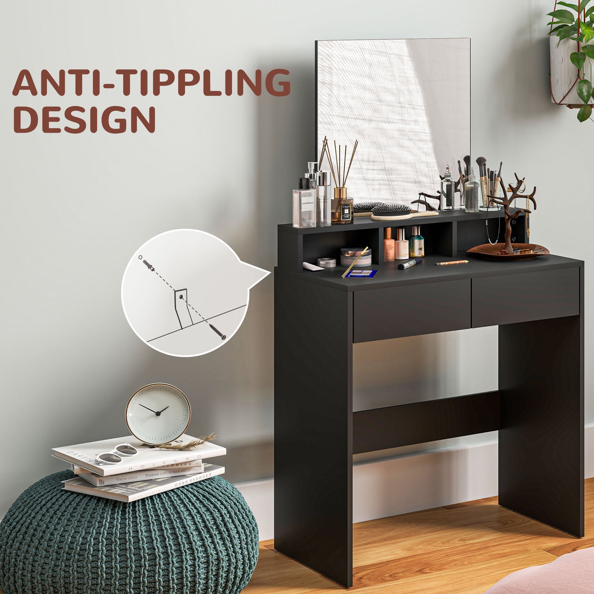 Black matte finish homcom multi storage dressing table with integrated mirror and compartments 75w x 38d weight capacity
