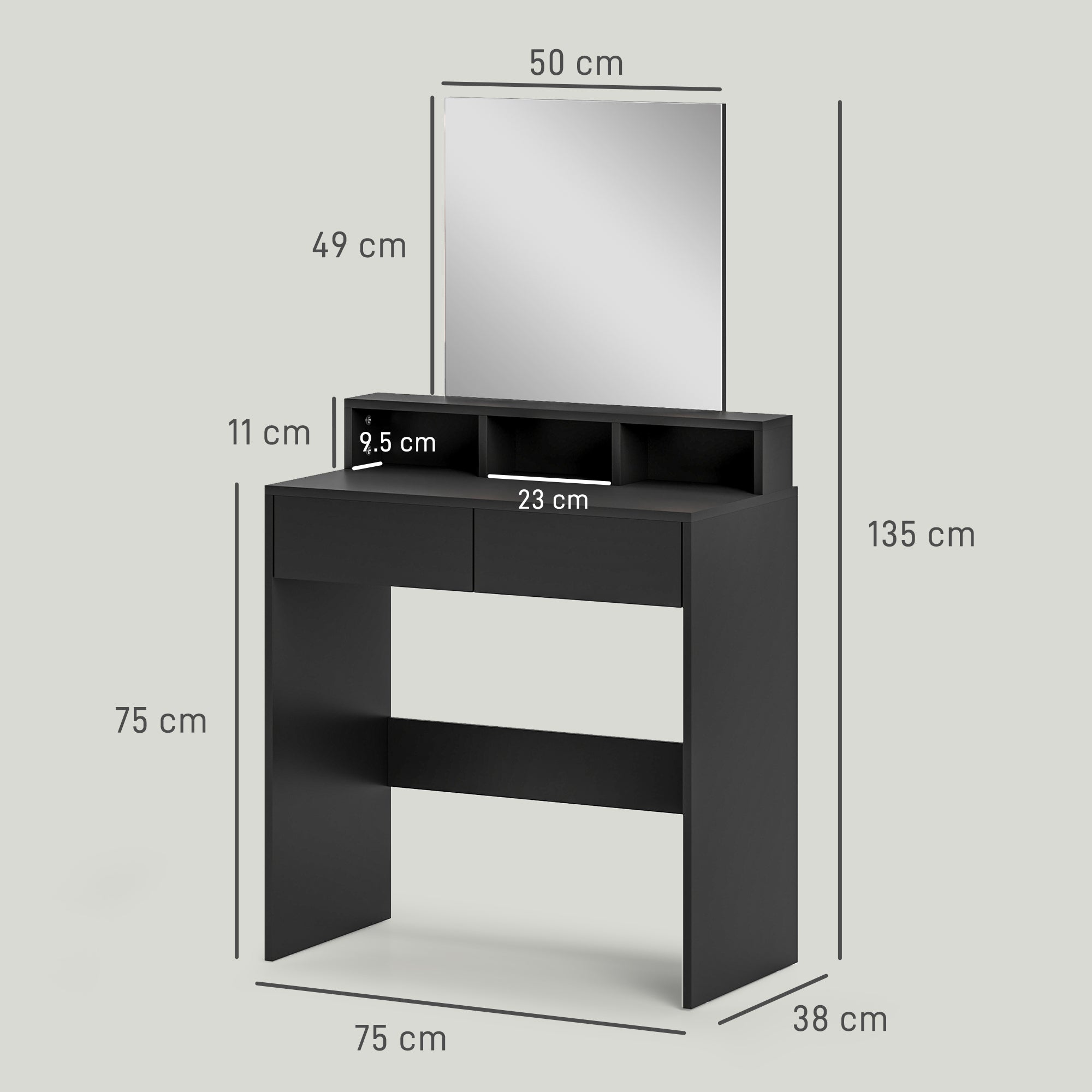 Black HOMCOM multi-storage dressing table with mirror 75w x 38d features storage compartments and high weight capacity