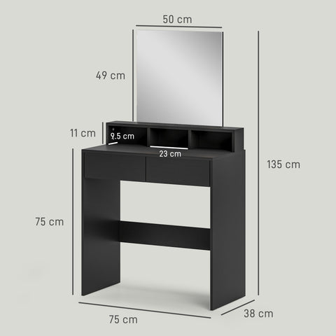 Black HOMCOM multi-storage dressing table with mirror 75w x 38d features storage compartments and high weight capacity