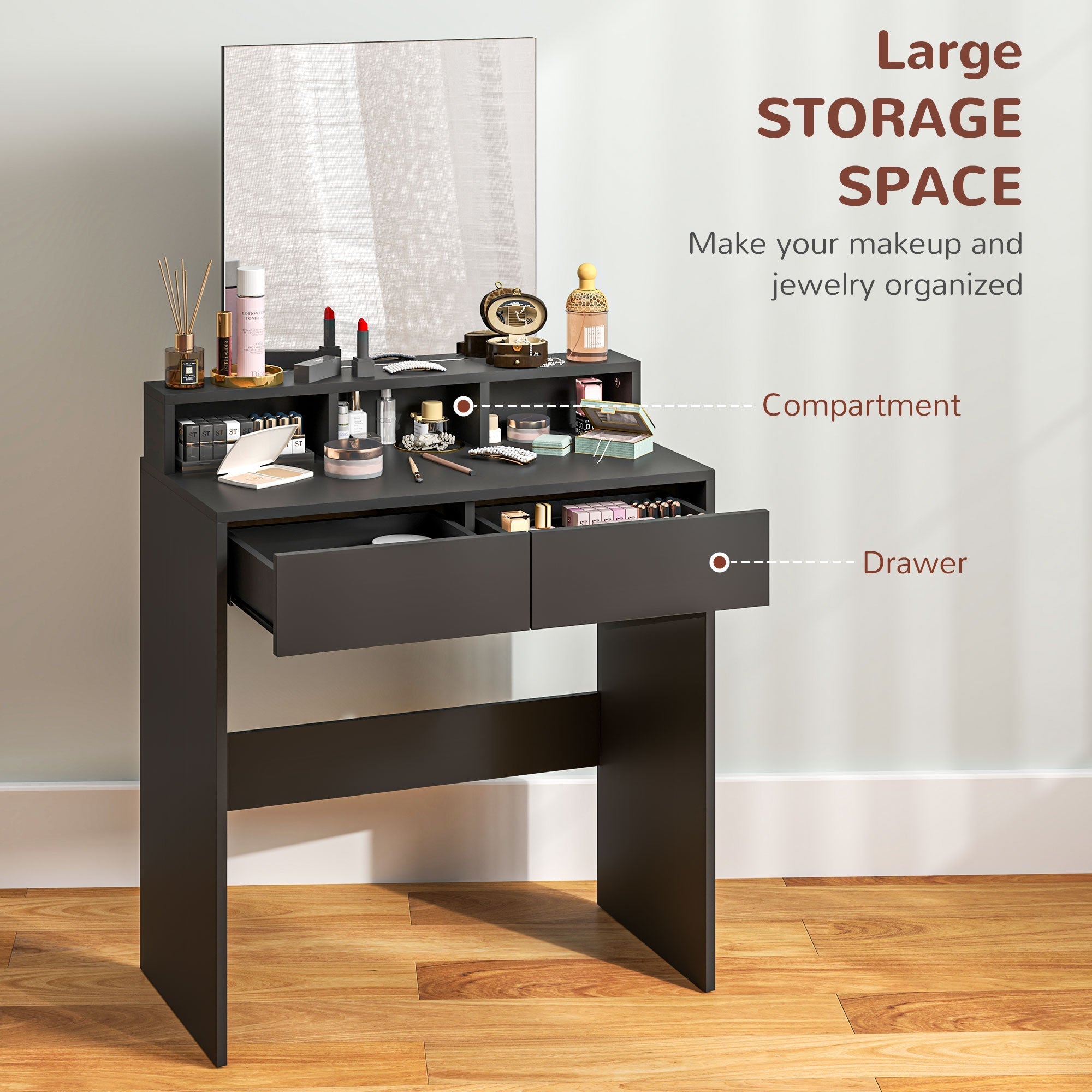 Black homcom multi-storage dressing table with mirror 75w x 38d and high weight capacity for modern makeup setup