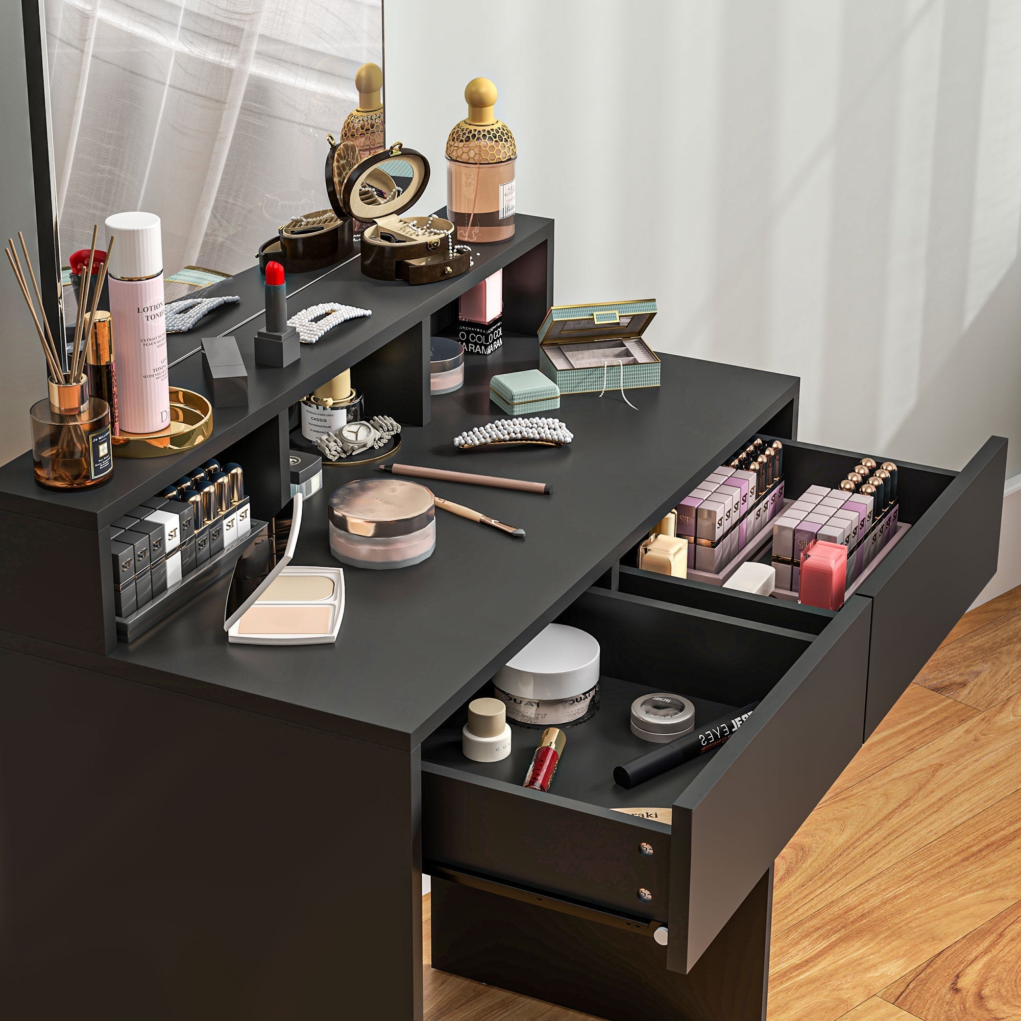 Black homcom multi-storage dressing table with sleek drawers mirrored top and 75w x 38d weight capacity
