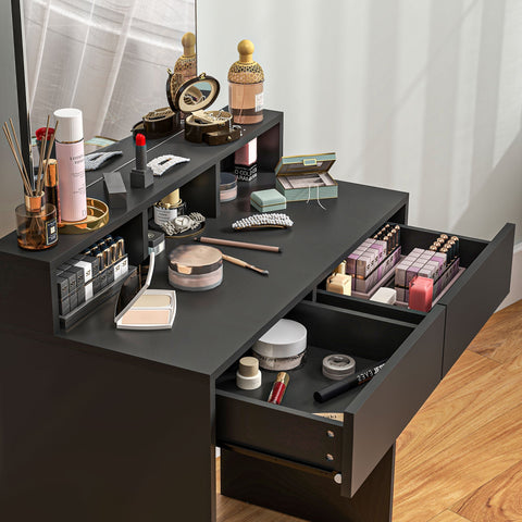 Black homcom multi-storage dressing table with sleek drawers mirrored top and 75w x 38d weight capacity