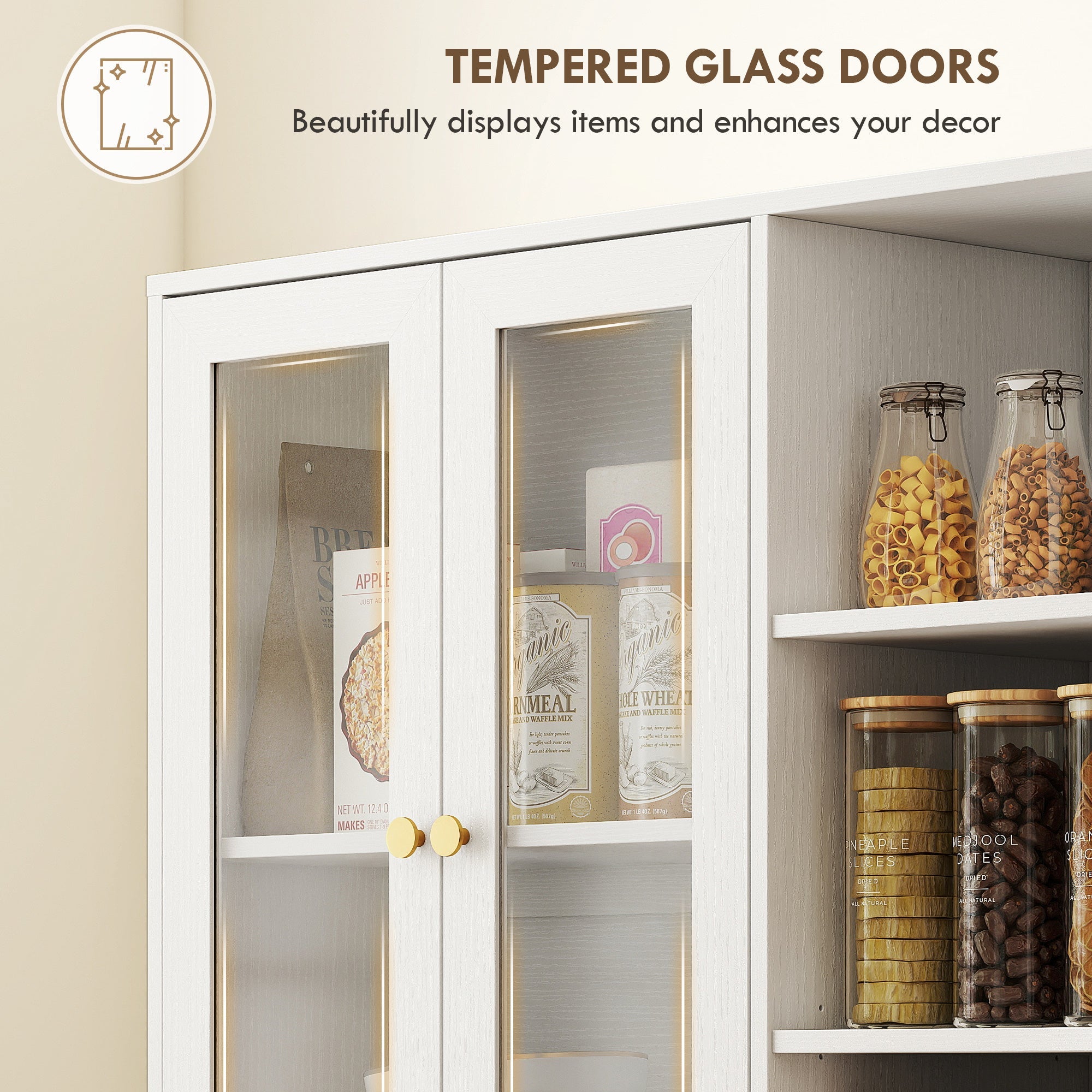 White homcom multi-storage kitchen cabinet with sleek glass doors and gold-colored handles wood-effect finish