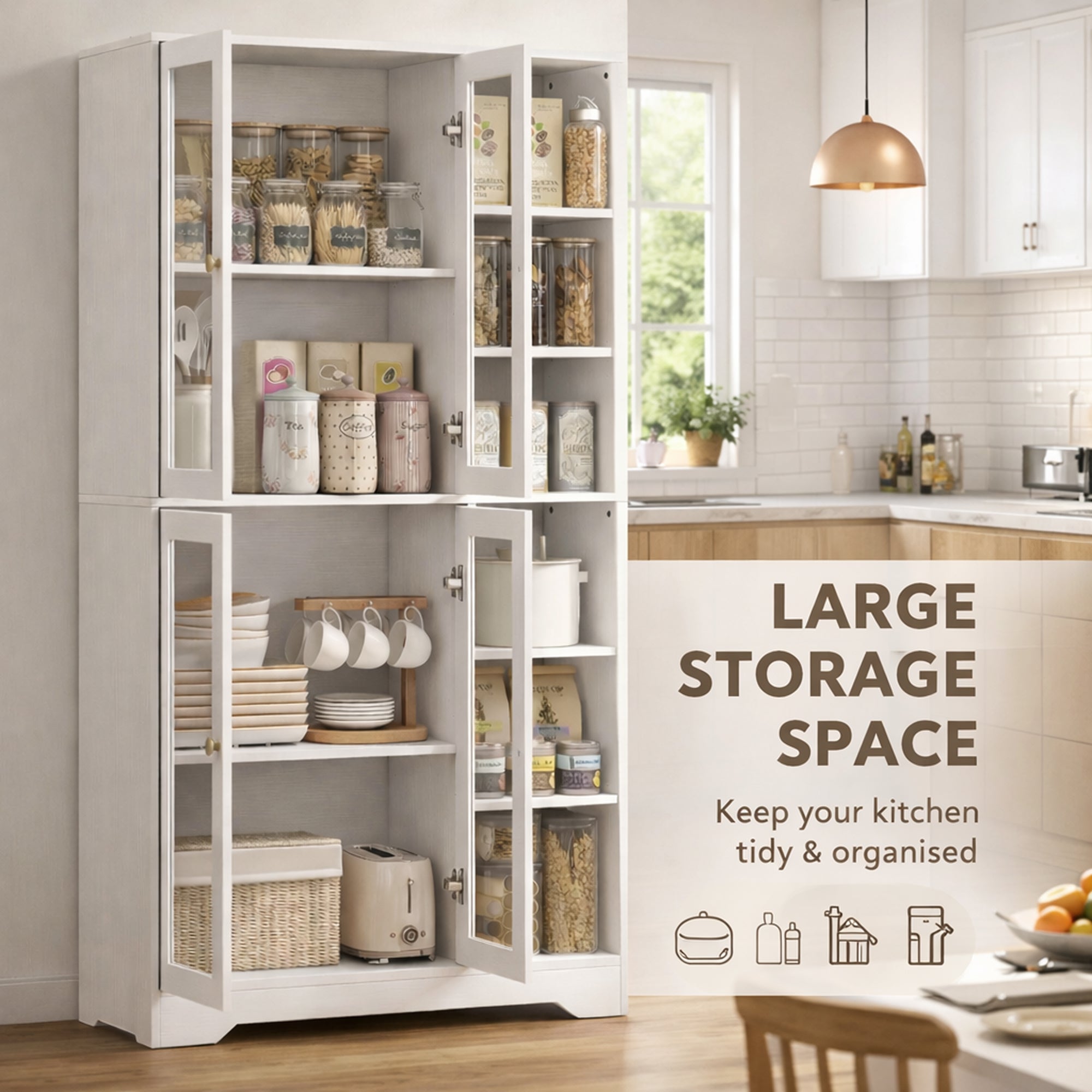 Homcom multi-storage kitchen cabinet in white wood-effect with sleek glass doors and multiple shelves for storage