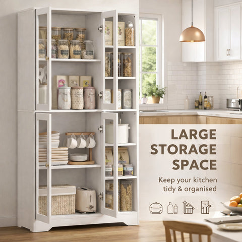 Homcom multi-storage kitchen cabinet in white wood-effect with sleek glass doors and multiple shelves for storage