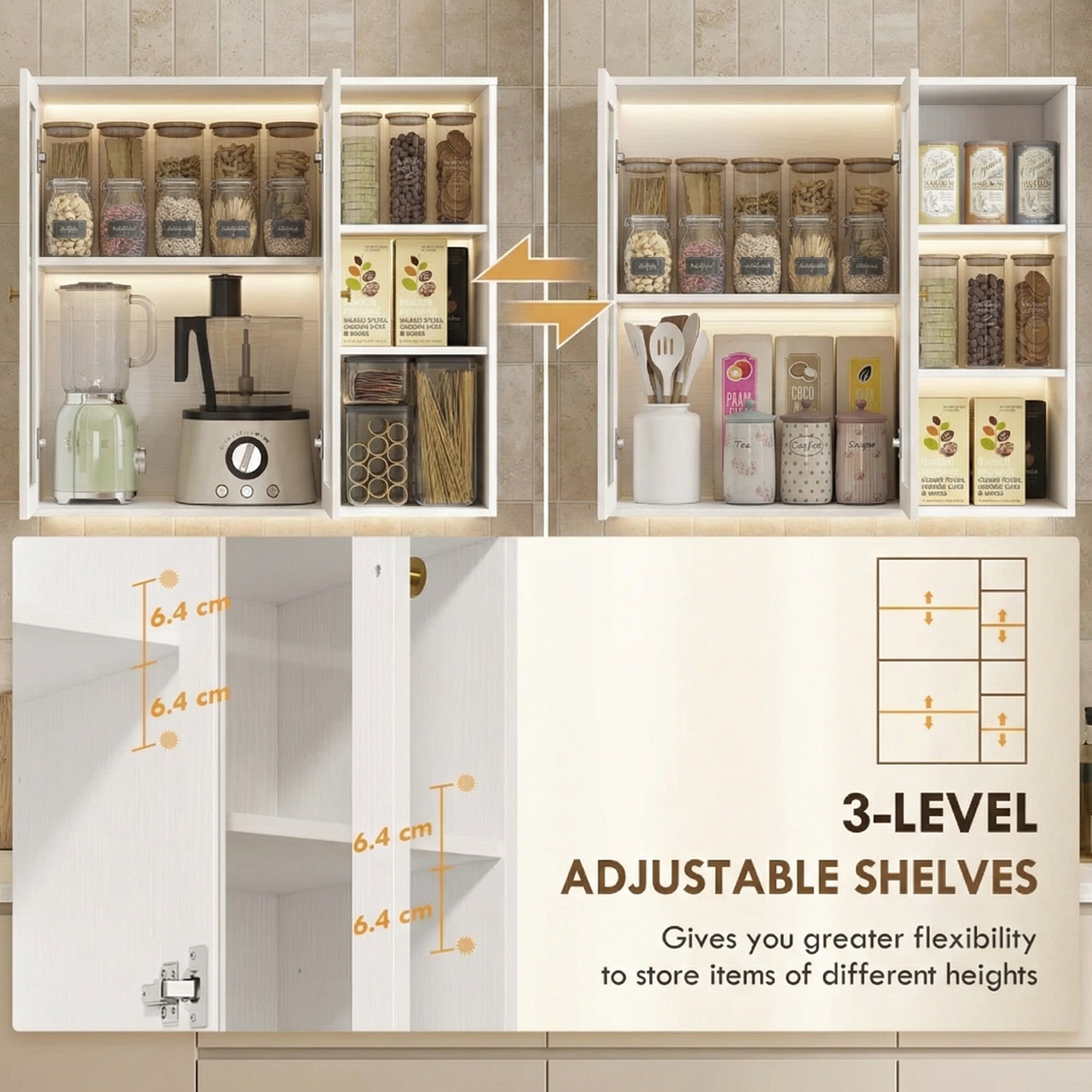 Homcom white wood-effect kitchen cabinet with sleek glass doors and three adjustable 6.4 cm shelves for storage