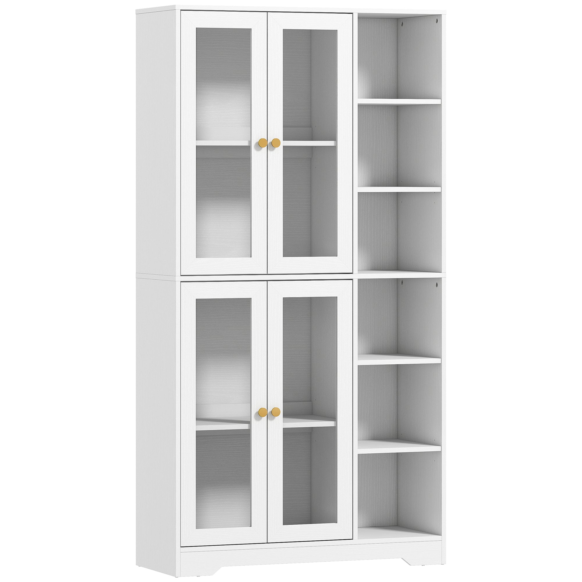 White two-door homcom kitchen cabinet with sleek glass doors, gold-tone knobs, and open shelving on the right side