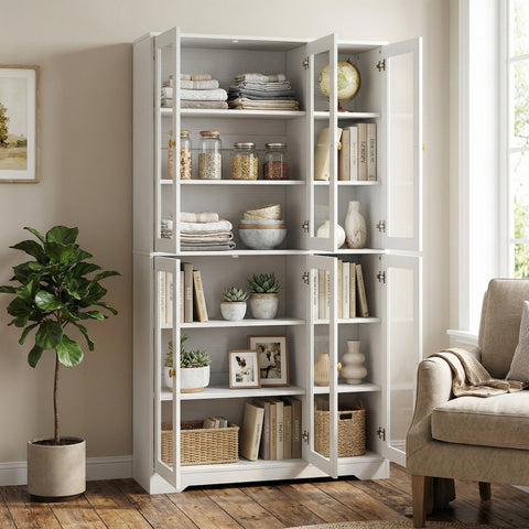 White double-door bookcase with sleek glass doors and wooden shelves from homcom multi-storage kitchen cabinet