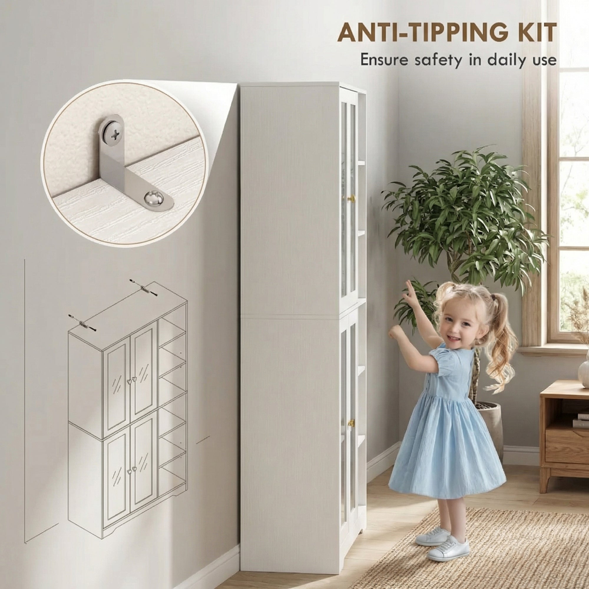 White anti-tipping kit for homcom multi-storage kitchen cabinet with sleek glass doors wood-effect finish back view