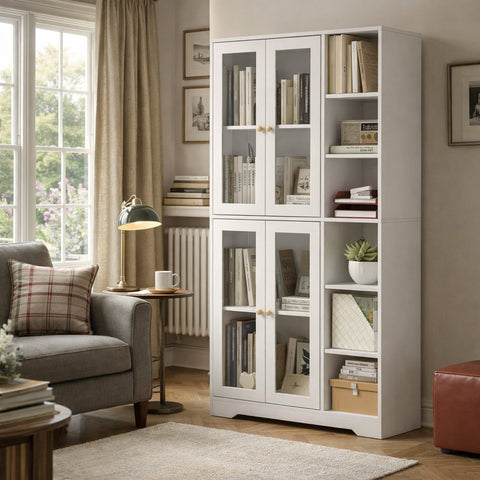 White wood-effect homcom multi-storage kitchen cabinet with sleek glass doors and gold-toned handles
