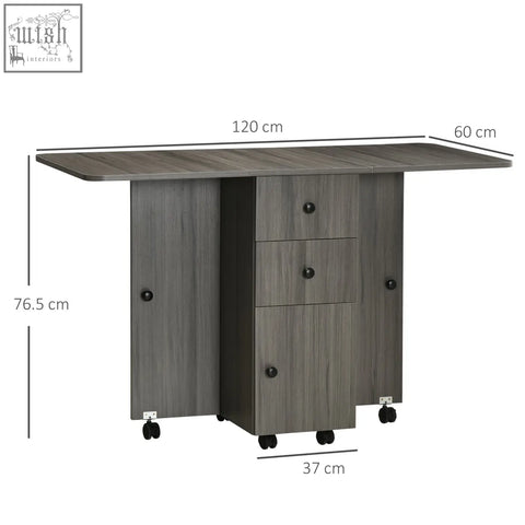Gray wood-grain drop leaf dining table with three drawers and four caster wheels by homcom for six people