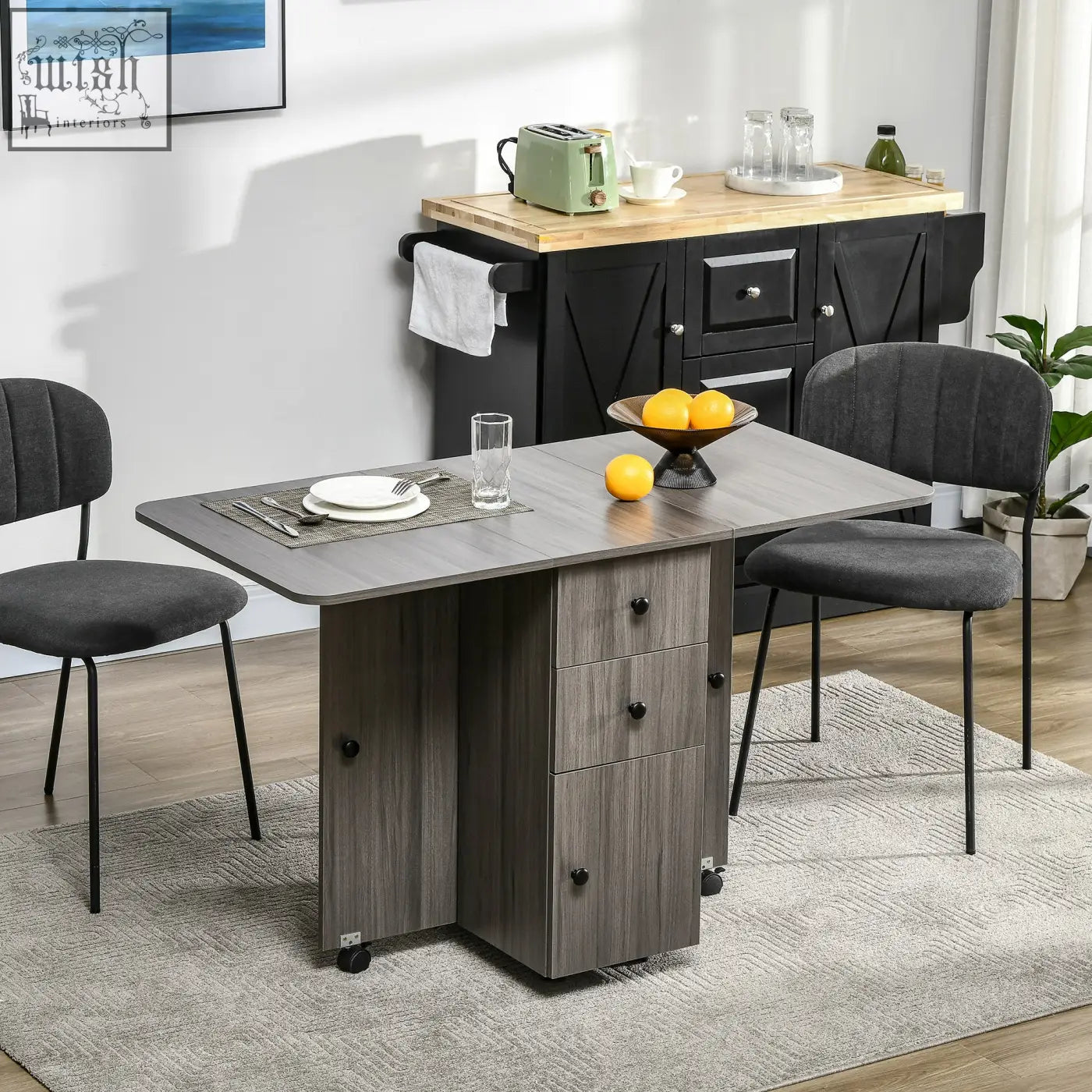 Grey wood-grain drop leaf dining table with three drawers and black casters from homcom for six-person seating
