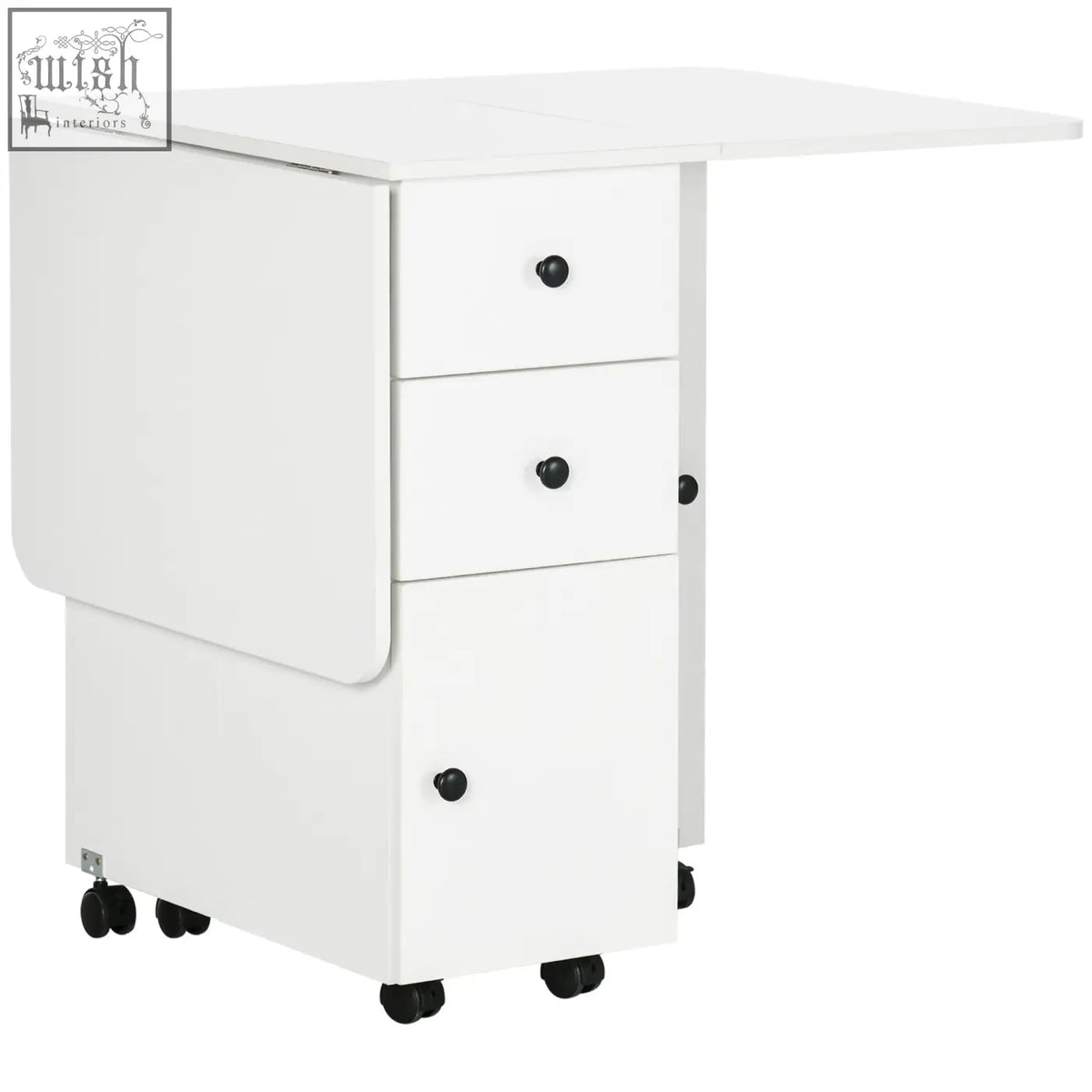 White drop leaf dining table with three drawers and black knobs on black caster wheels by HOMCOM