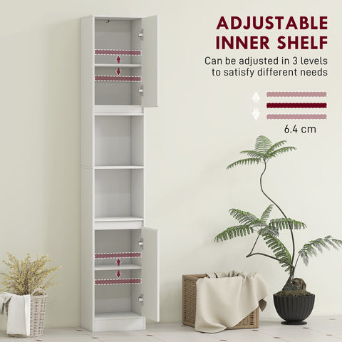 White tall slim bathroom storage cabinet made of particle board with adjustable shelves for small spaces