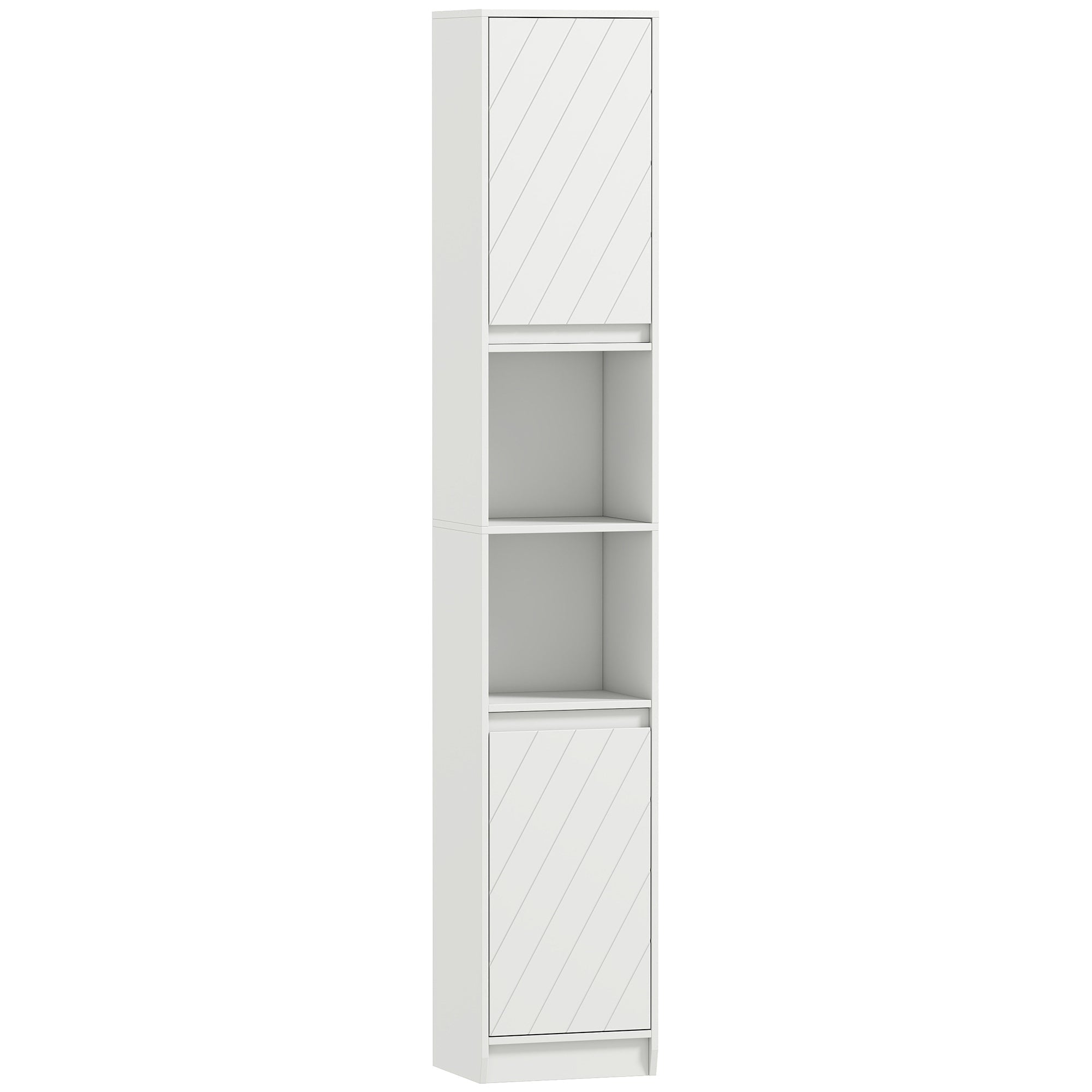 White slim bathroom storage unit by HOMCOM with diagonal panel doors open shelving made of particle board