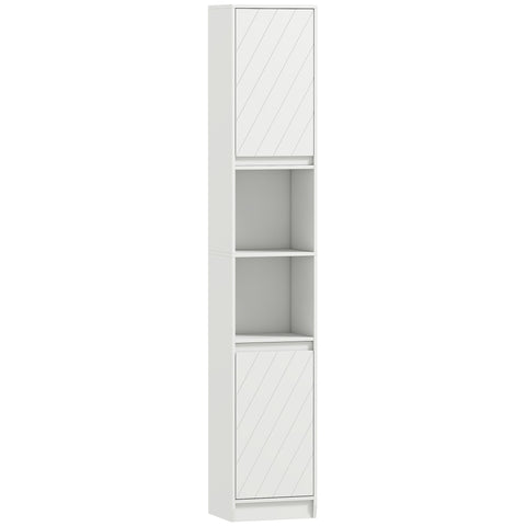 White slim bathroom storage unit by HOMCOM with diagonal panel doors open shelving made of particle board