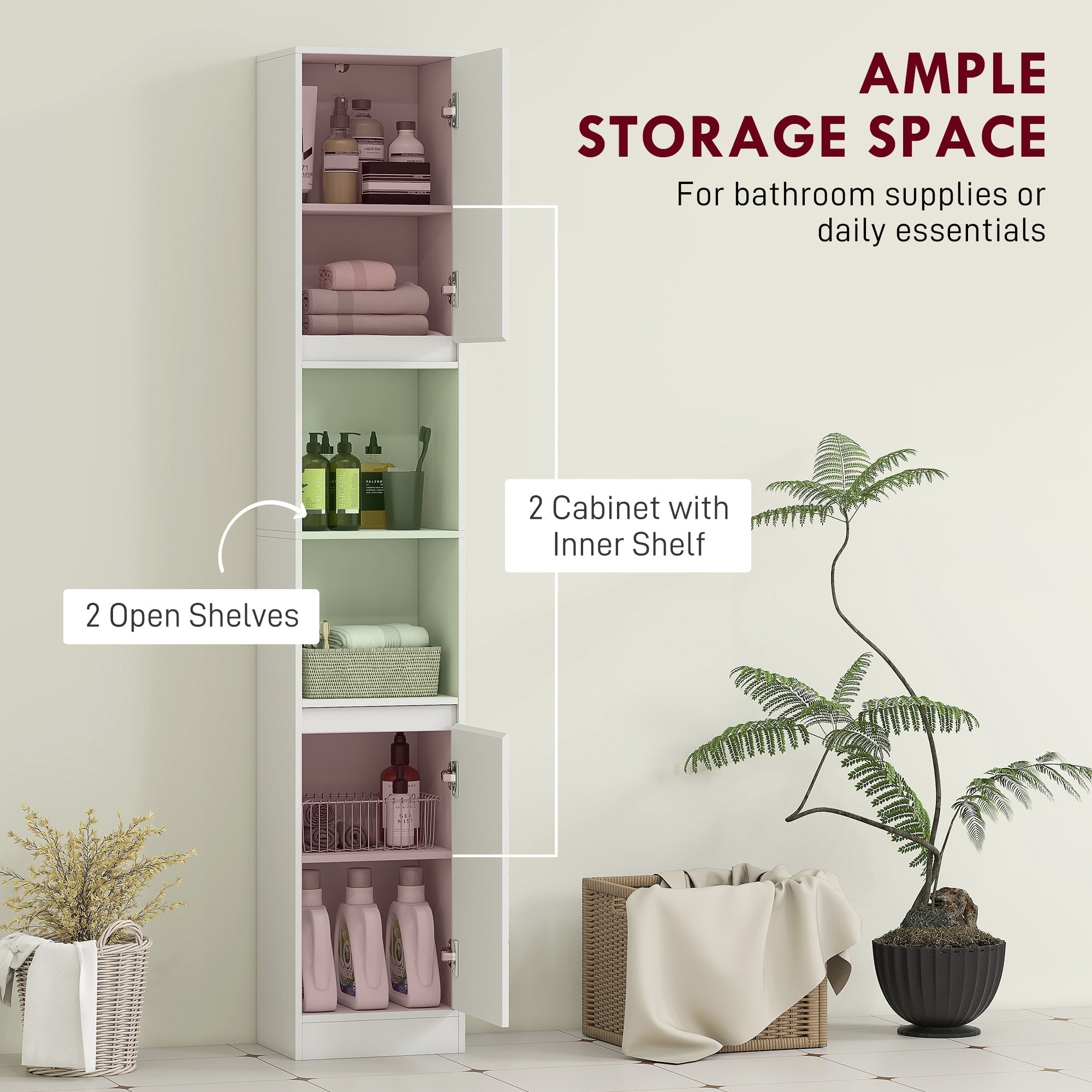 White tall bathroom cabinet with two doors open shelves and particle board slim bathroom storage unit for small spaces