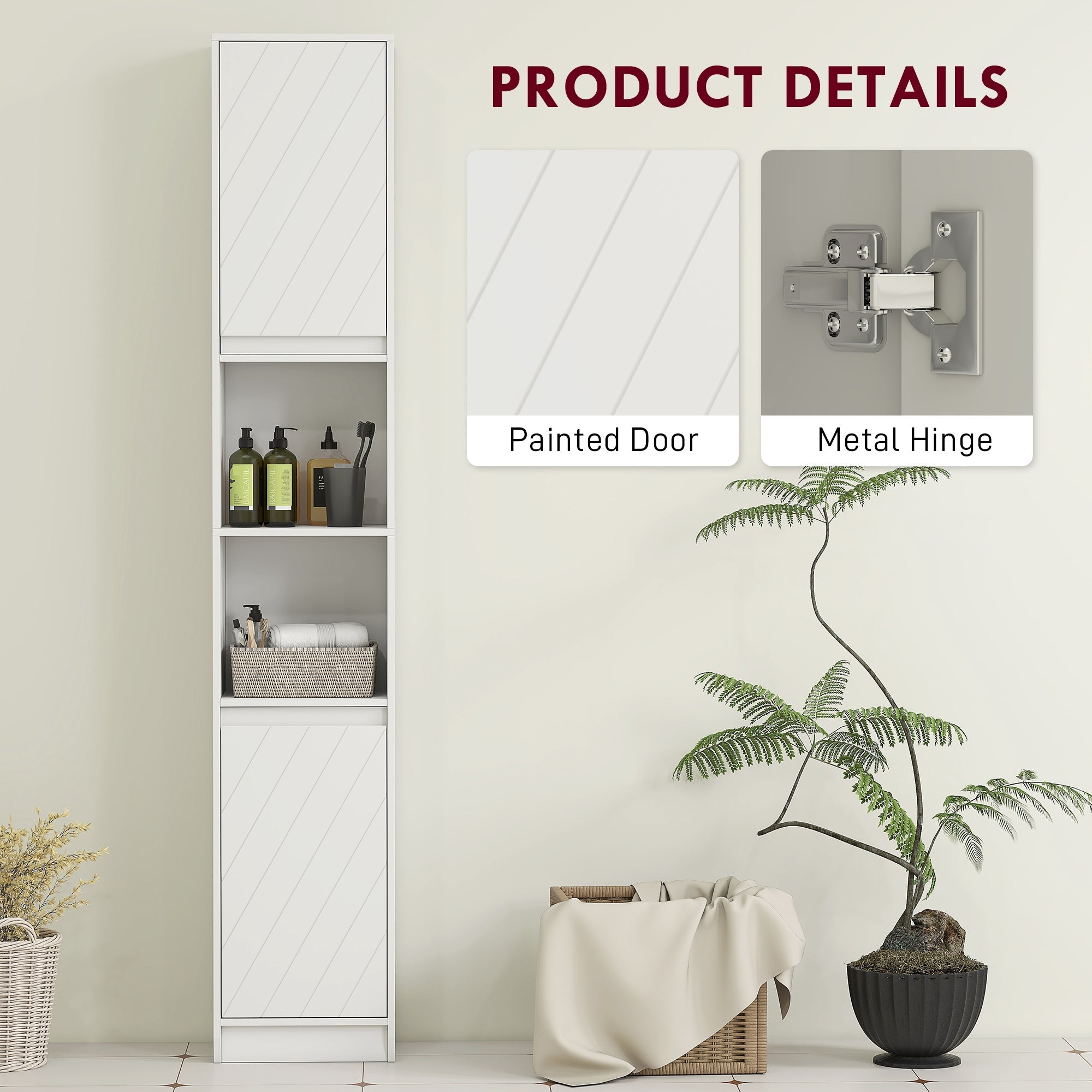 White slim bathroom storage cabinet made of particle board with diagonal stripe pattern and metal hinges