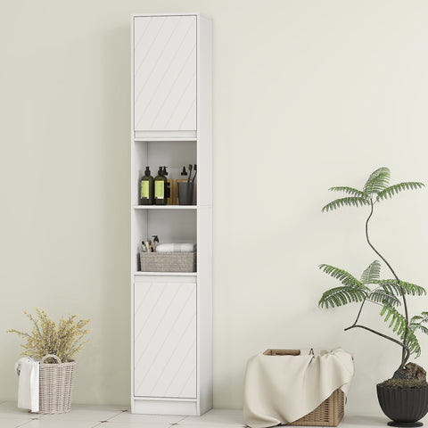 White homcom tall slim bathroom storage cabinet with particle board diagonal doors and open shelves for small spaces