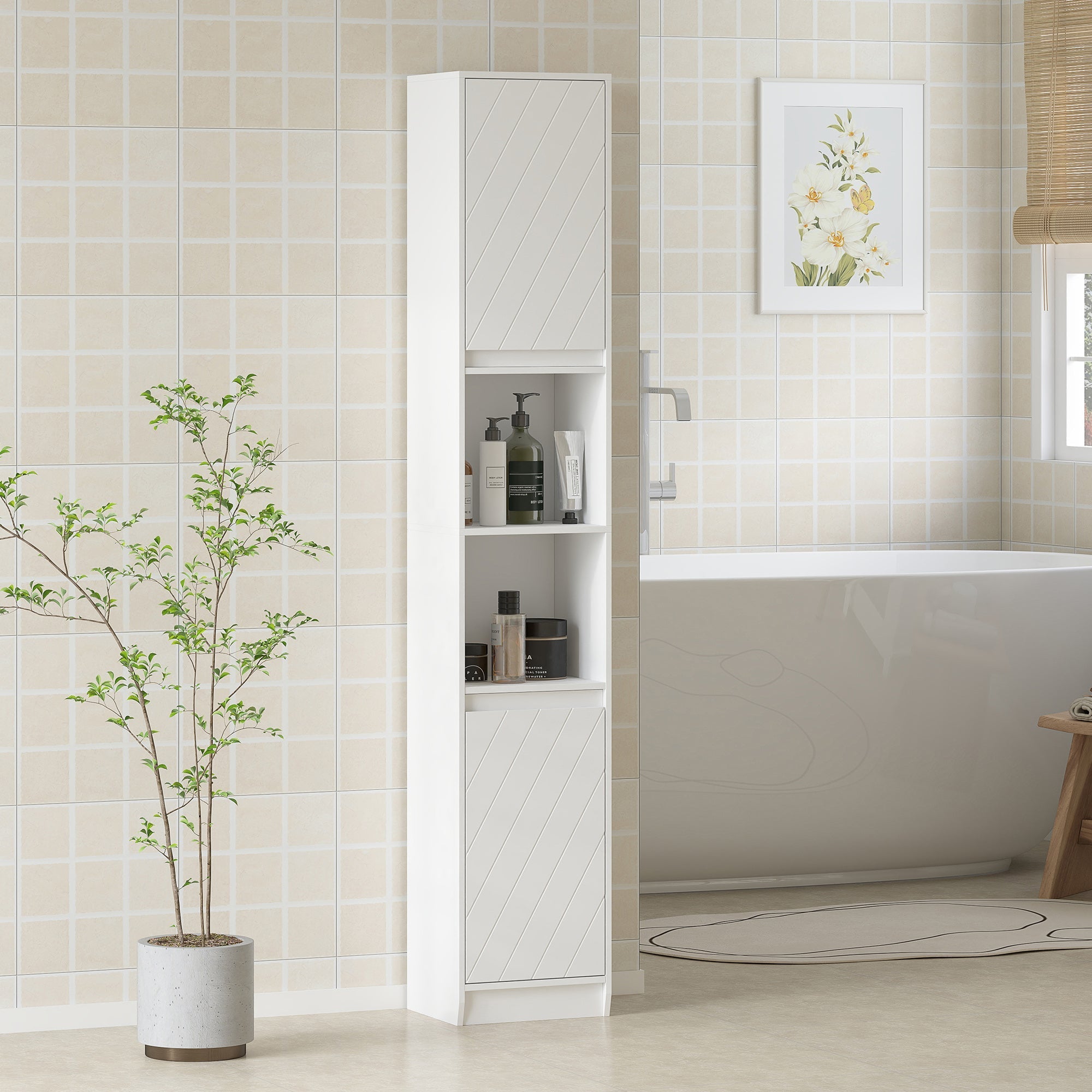 White tall bathroom cabinet with diagonal paneling and open shelving slim bathroom storage made of particle board