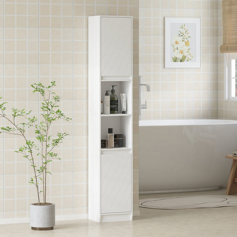 White tall bathroom cabinet with diagonal paneling and open shelving slim bathroom storage made of particle board