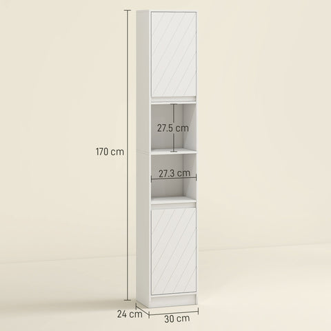 White slim bathroom storage cabinet with diagonal patterned particle board doors and open shelves for small spaces