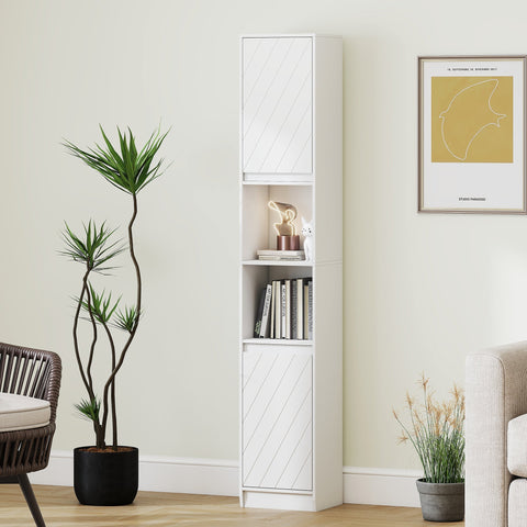 White tall storage cabinet with diagonal slat doors and open shelving slim bathroom storage made of particle board
