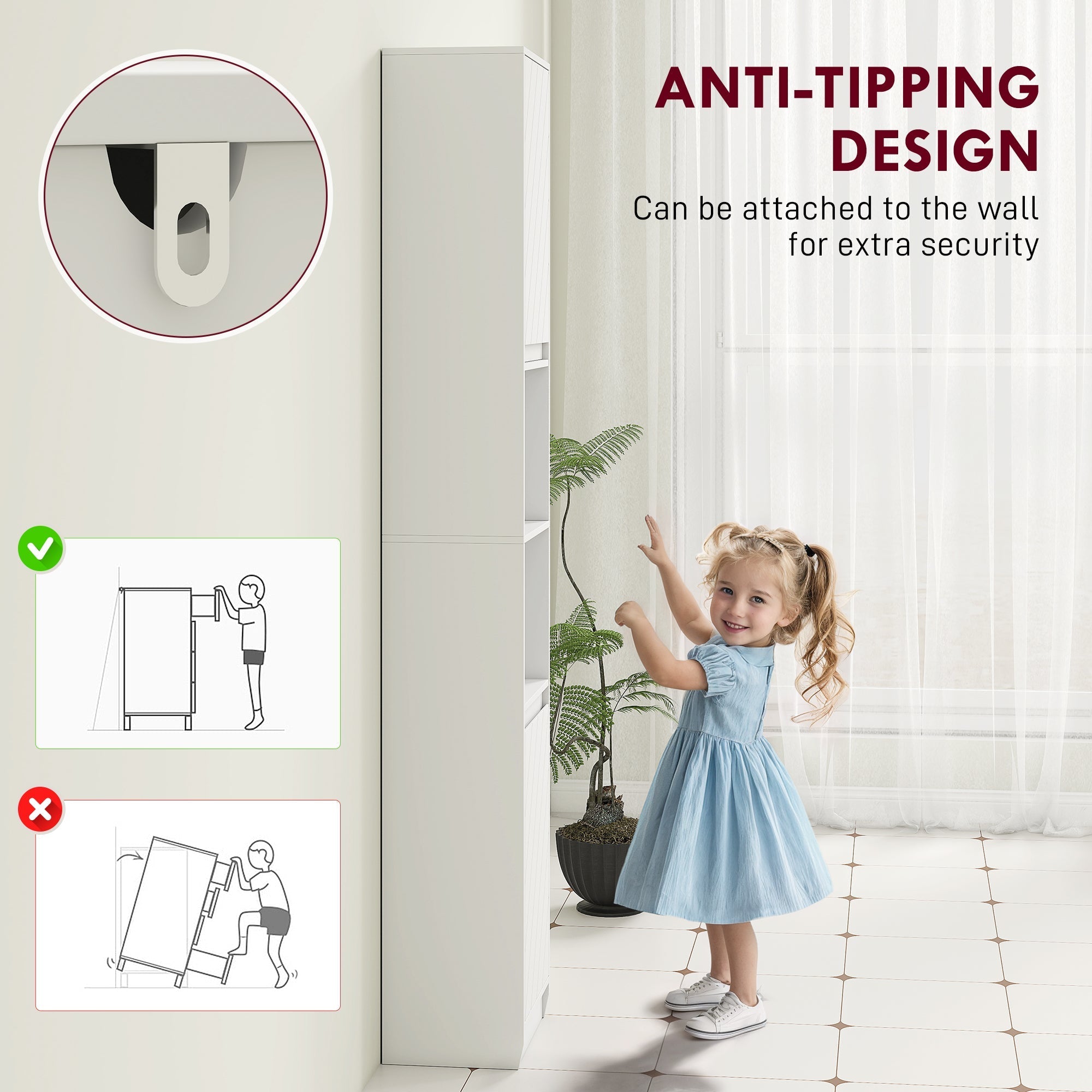 White anti-tipping wall mount for slim bathroom storage particle board cabinet secures tall furniture safely