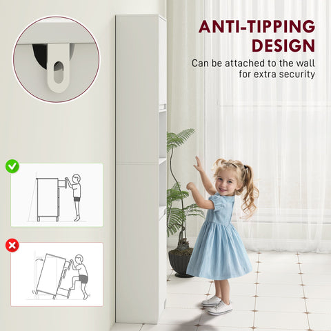 White anti-tipping wall mount for slim bathroom storage particle board cabinet secures tall furniture safely