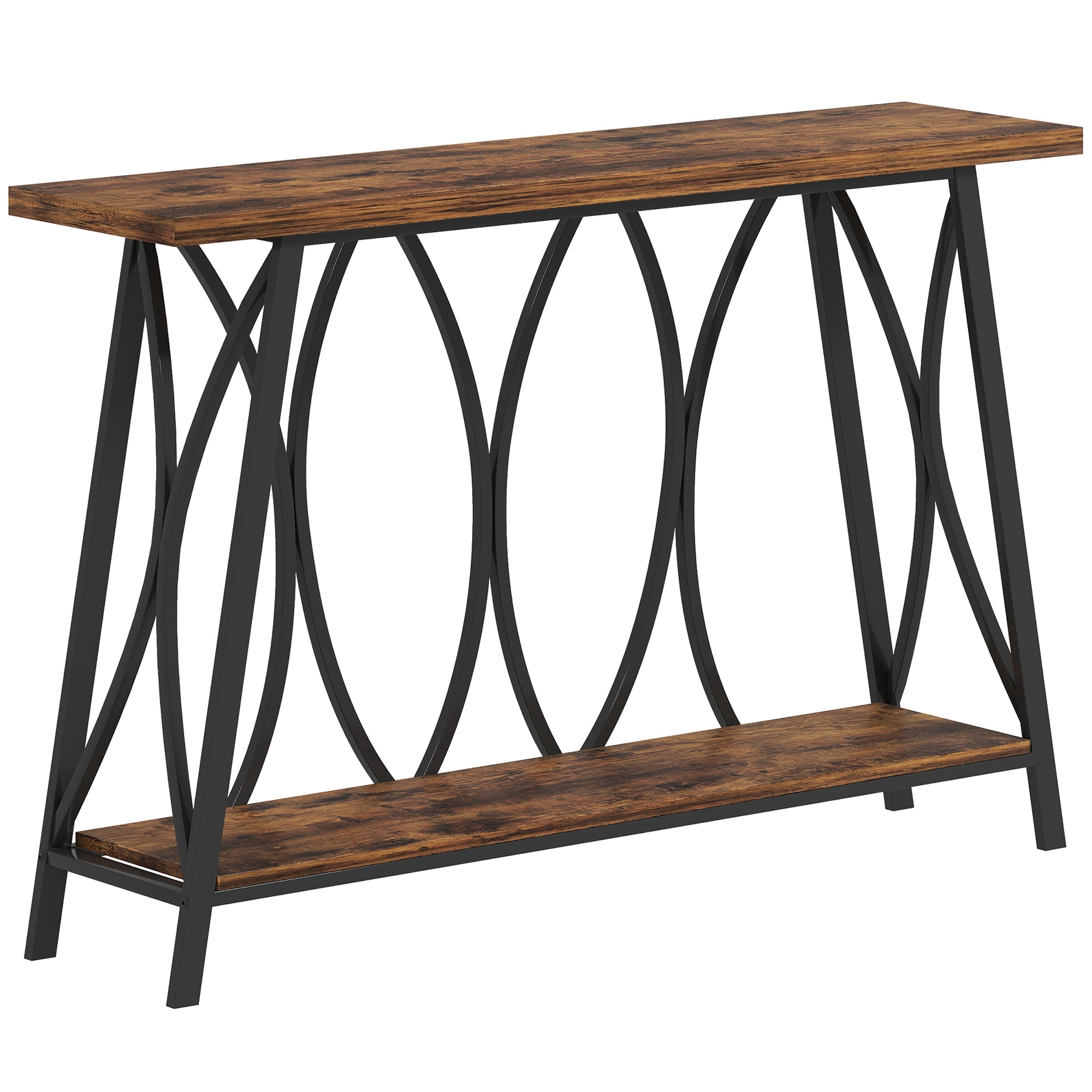 Homcom narrow console table with rustic brown hollow core board top and metal legs with curved oval frame for entryway