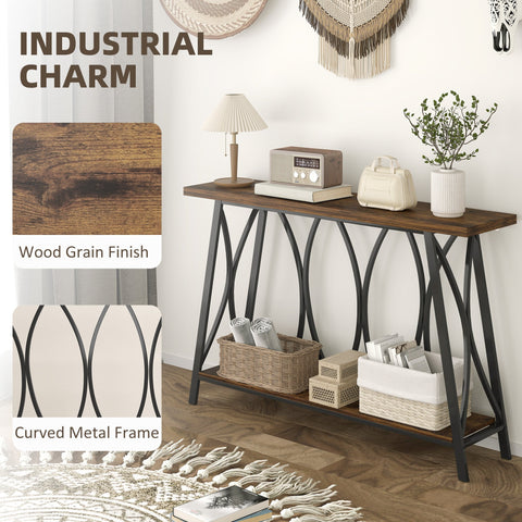 Homcom narrow console table with rustic brown hollow core board top and curved black metal legs for entryway use