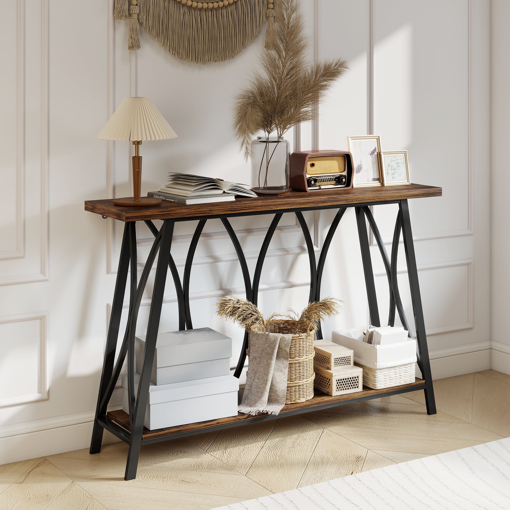 Rustic brown homcom console table with hollow core board top and black metal arched legs for entryway or living room