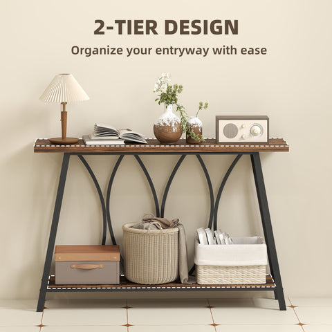 Black metal console table with rustic brown hollow core board top and two tiers for entryway storage by HOMCOM