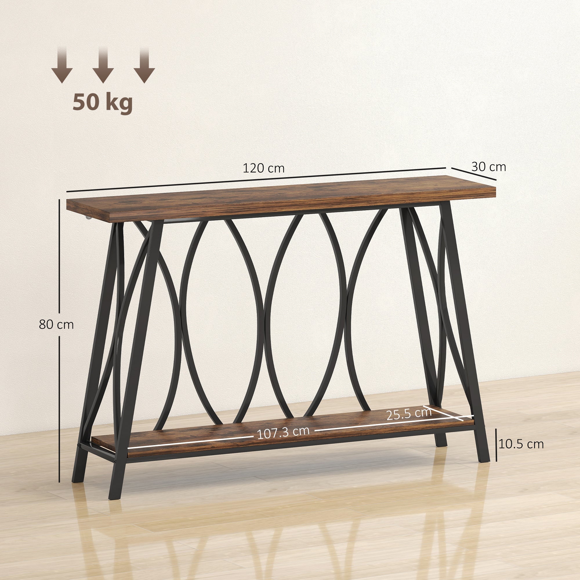 Industrial-style homcom console table with rustic brown hollow core board top and black metal frame with curved legs and lower shelf