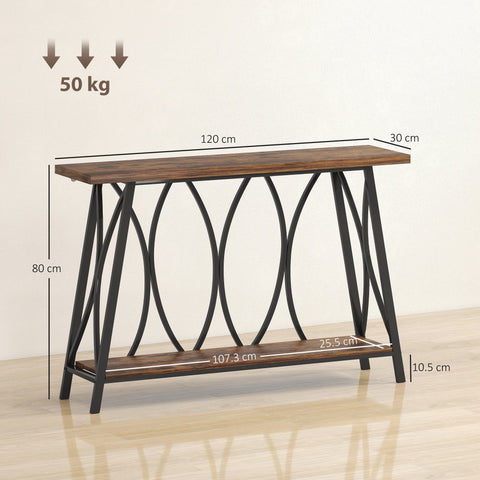 Industrial-style homcom console table with rustic brown hollow core board top and black metal frame with curved legs and lower shelf