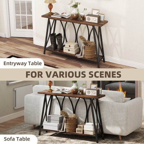 Rustic brown homcom console table with black metal legs arched design and hollow core board for entryway use
