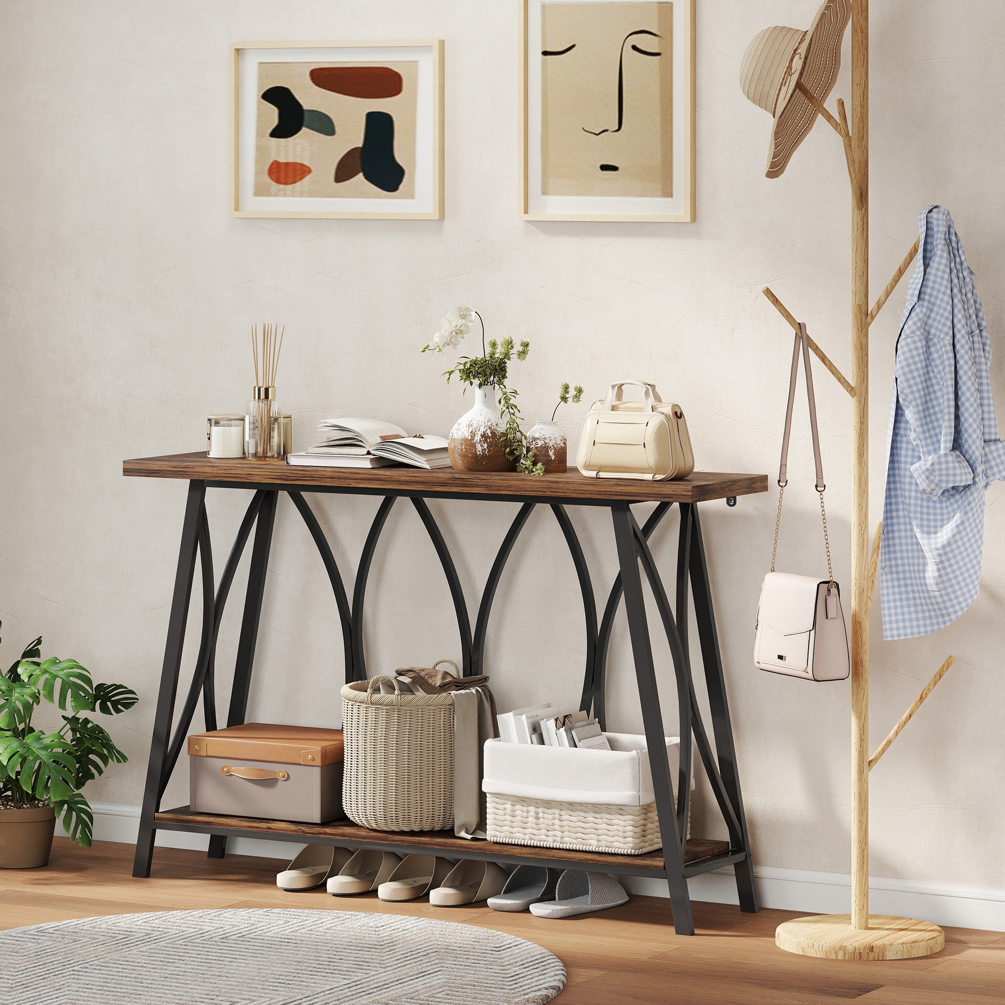 Rustic brown homcom console table with hollow core board top and black metal arched legs for entryway or living room