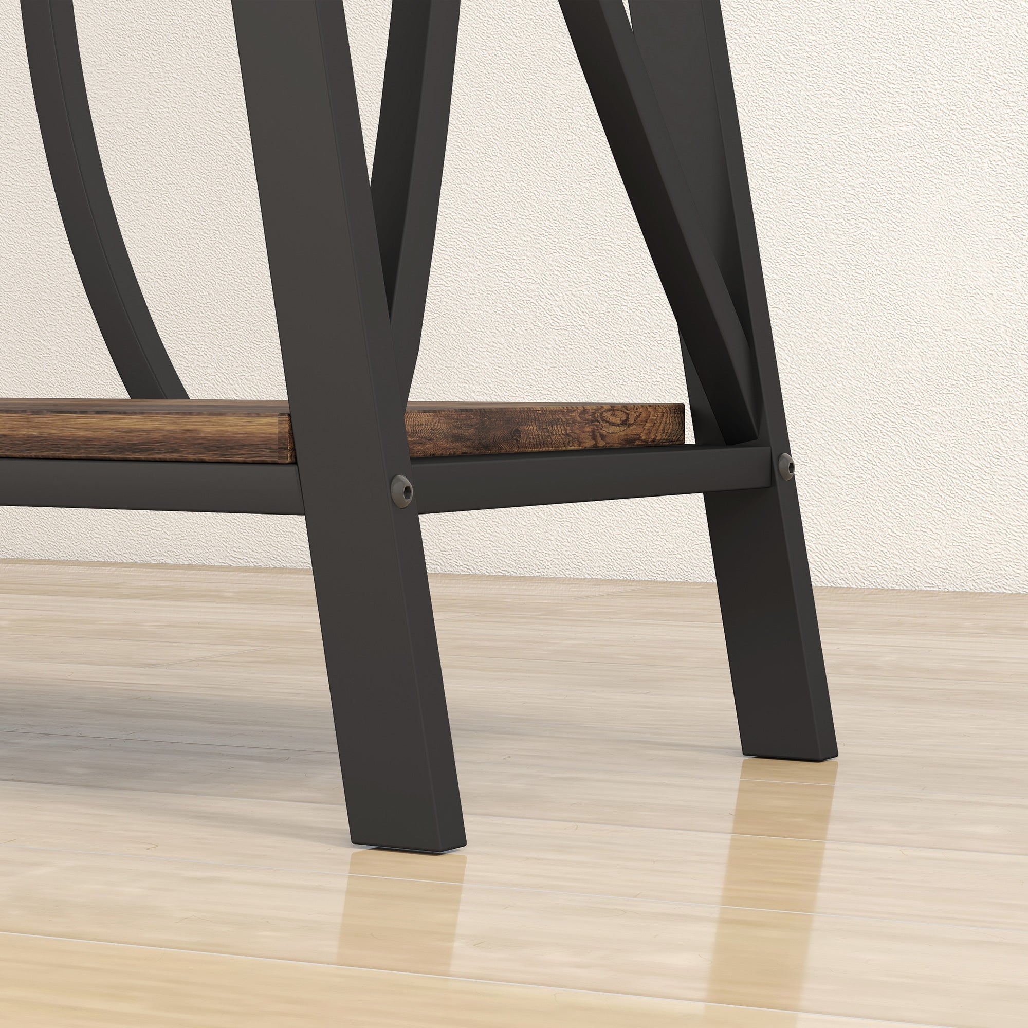 Black metal frame console table with rustic brown hollow core board shelves ideal for entryway or living room use