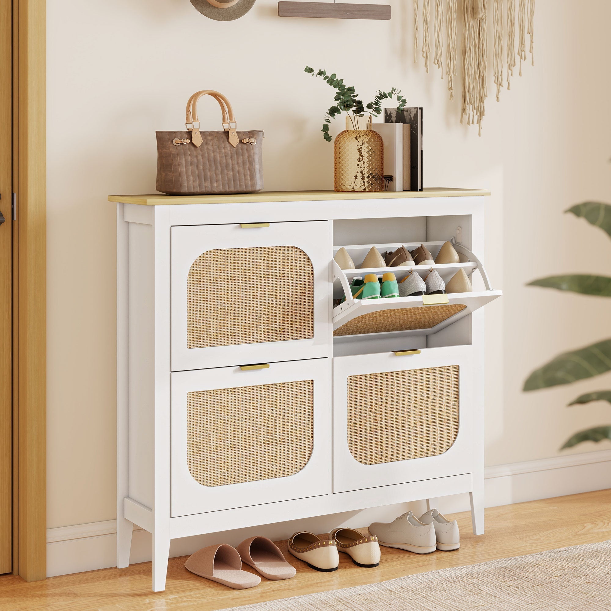 White homcom narrow shoe cabinet with woven rattan panels and light wood top for stylish shoe storage