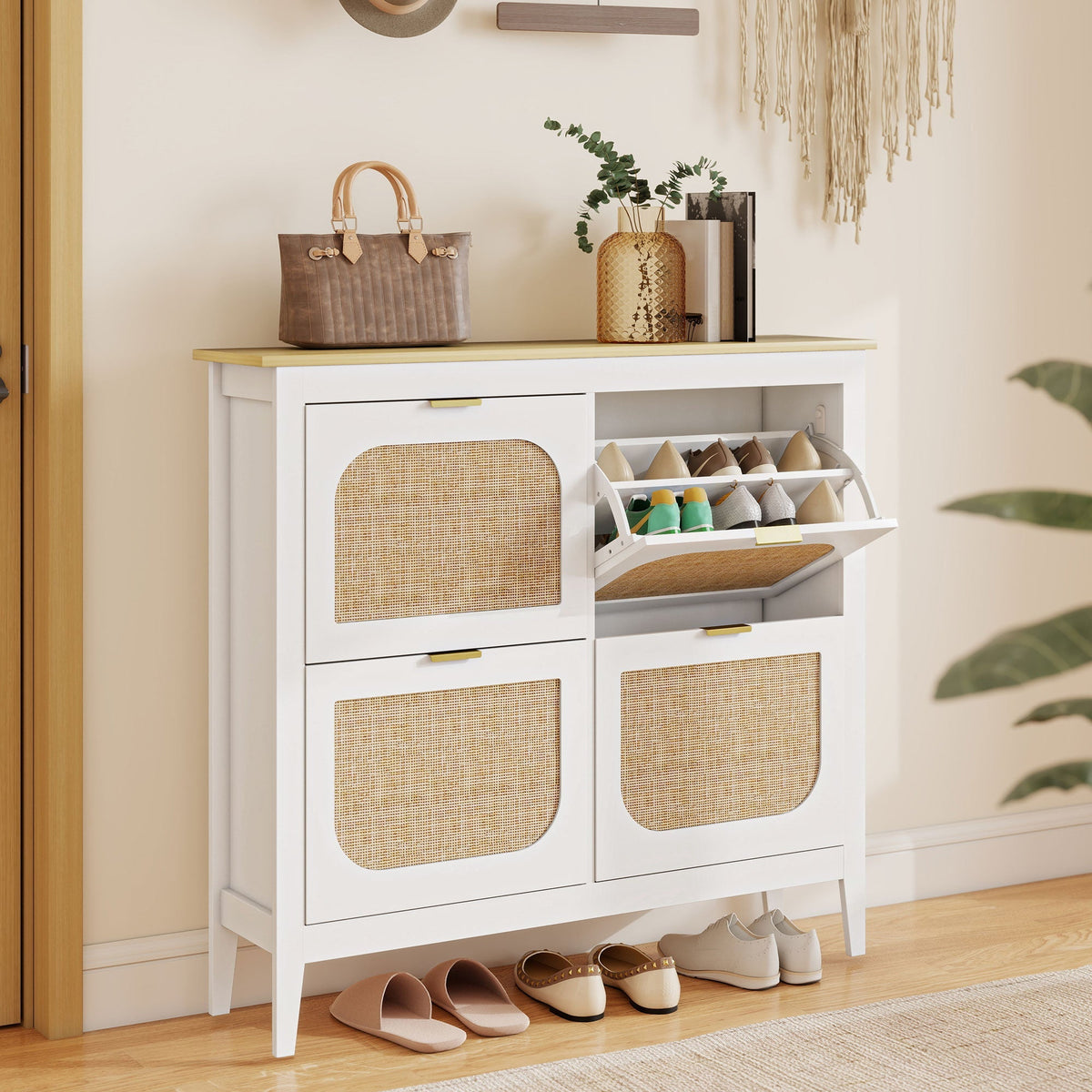 White homcom narrow shoe cabinet with woven rattan panels and light wood top for stylish shoe storage