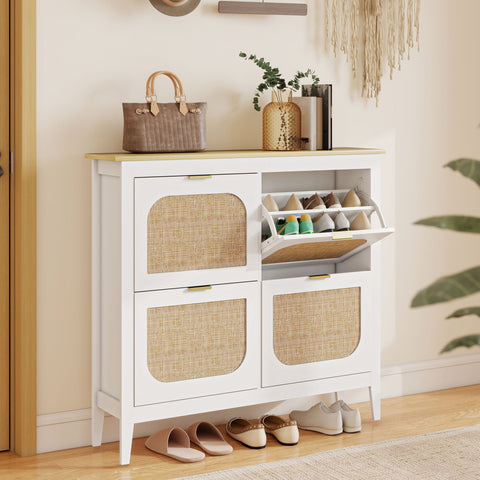 White homcom narrow shoe cabinet with woven rattan panels and light wood top for stylish shoe storage