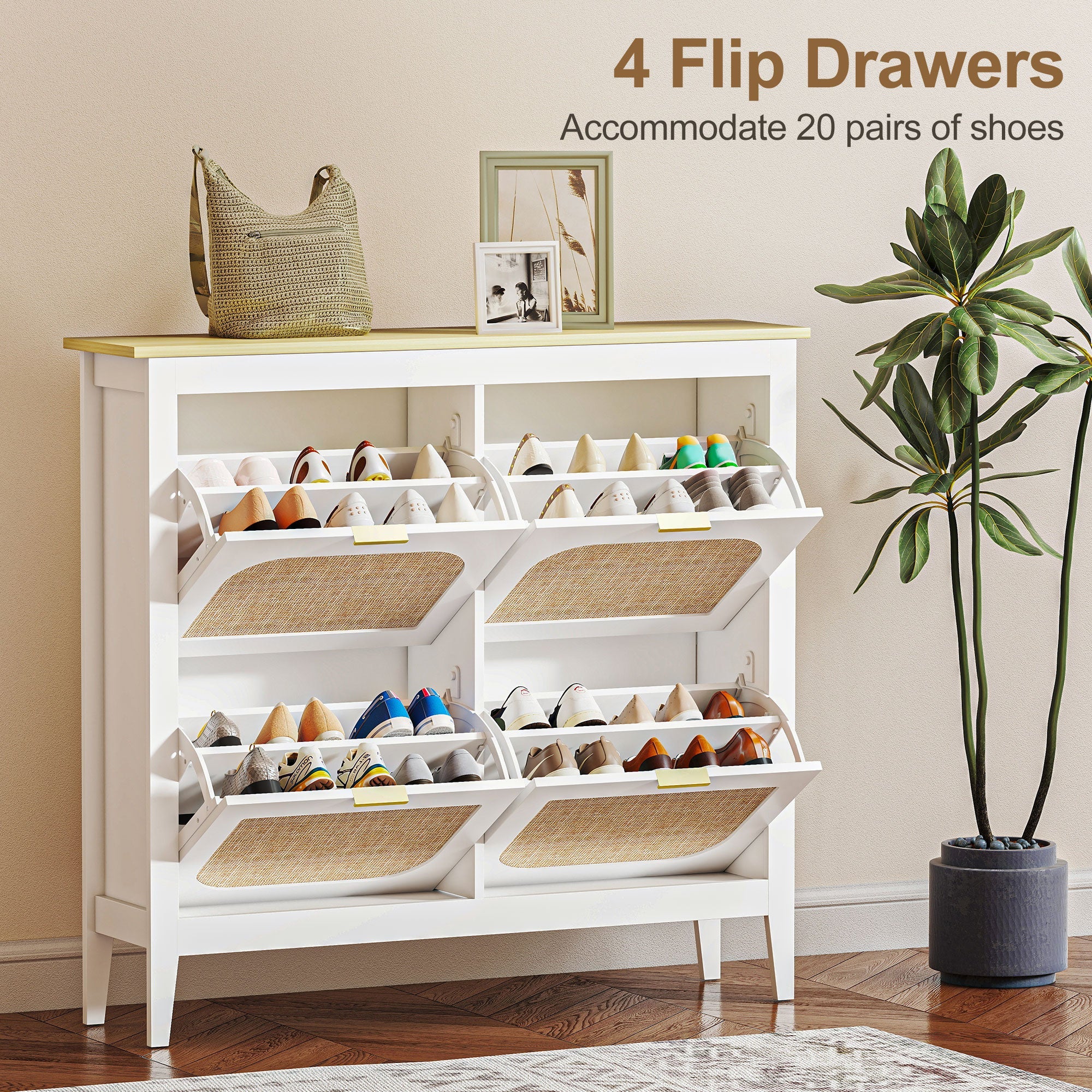 White homcom shoe cabinet with four flip drawers featuring woven cane inserts and a light wood top for shoe storage