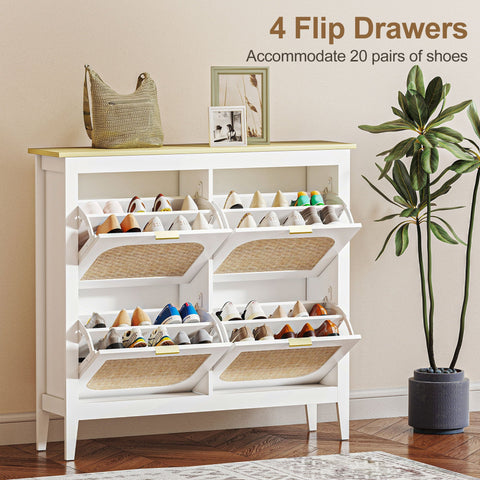 White homcom shoe cabinet with four flip drawers featuring woven cane inserts and a light wood top for shoe storage