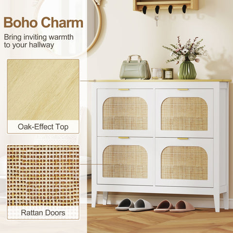 White homcom narrow shoe cabinet with oak top and rattan doors slim shoe storage cabinet holds 20 pairs