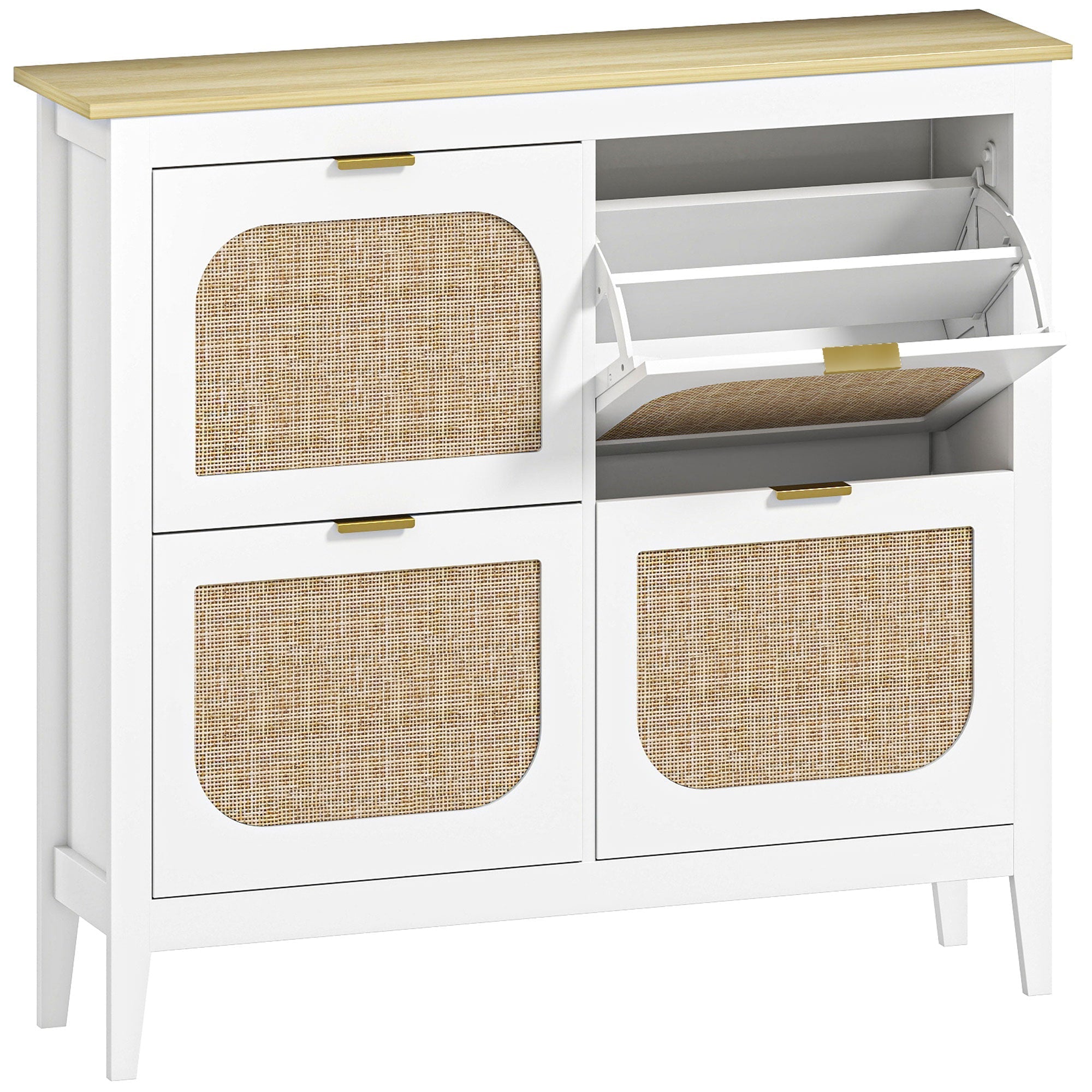 White narrow shoe cabinet with light wood top, two drawers, and woven cane panel open compartment for shoe storage