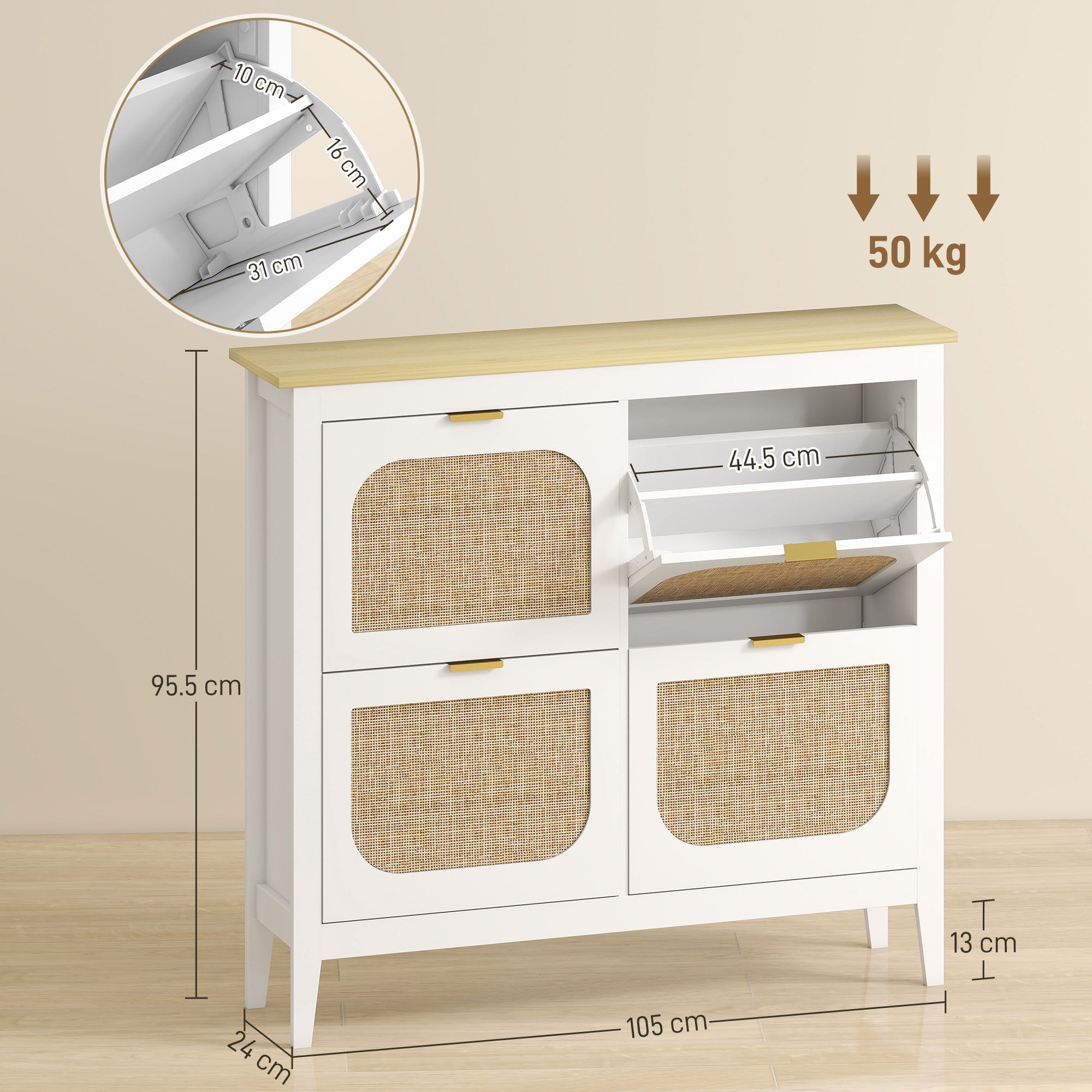White homcom narrow shoe cabinet with light wood top woven cane panels and gold handles for shoe storage
