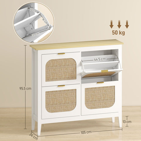 White homcom narrow shoe cabinet with light wood top woven cane panels and gold handles for shoe storage